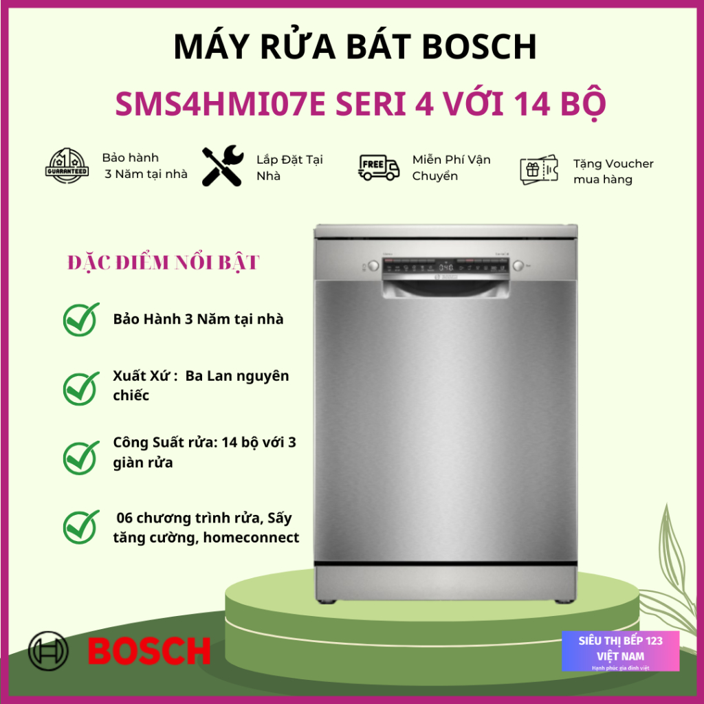 Máy Rửa Bát Bosch SMS4HMI07E Serie 4- 14 Bộ - 3 Giàn Rửa - Sấy Tăng Cường - Nhập Khẩu Ba Lan