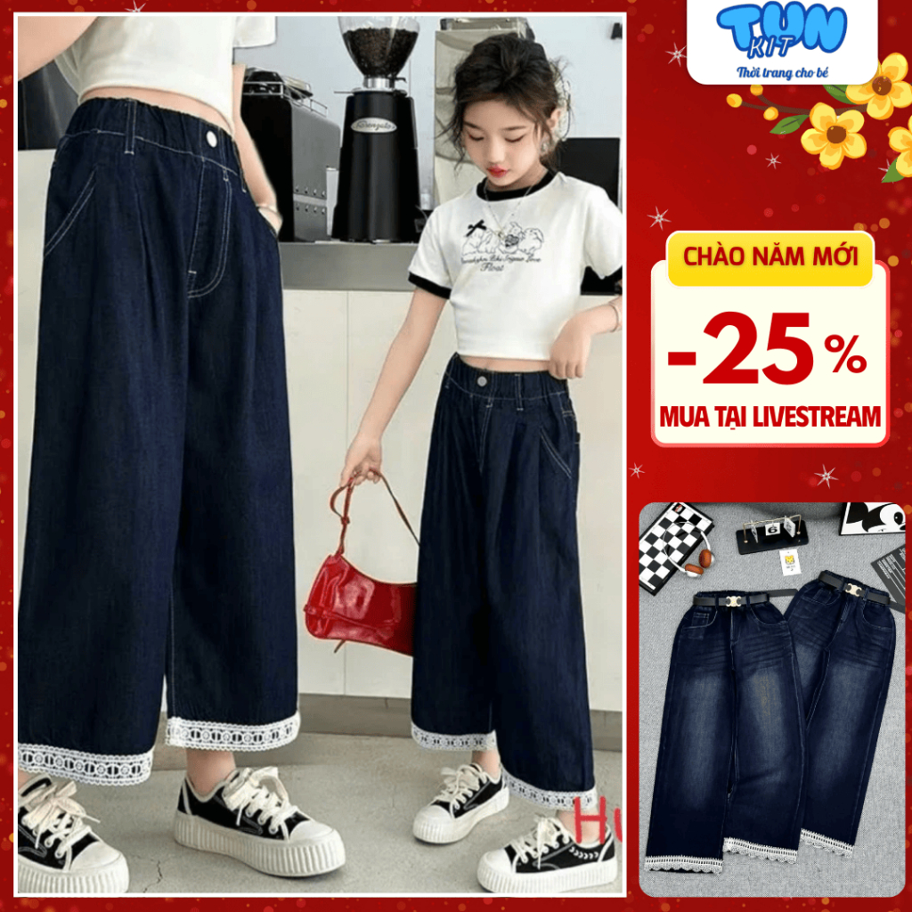 Quần jean bé gái có túi phối ren xinh xắn (không kèm dây đai), quần bò bé gái size đại 27-40kg - TUN