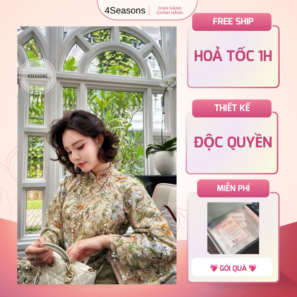[HOẢ TỐC ] Set áo dài kim sa hoa xanh 4 tà nữ thiết kế cao cấp 4seasons