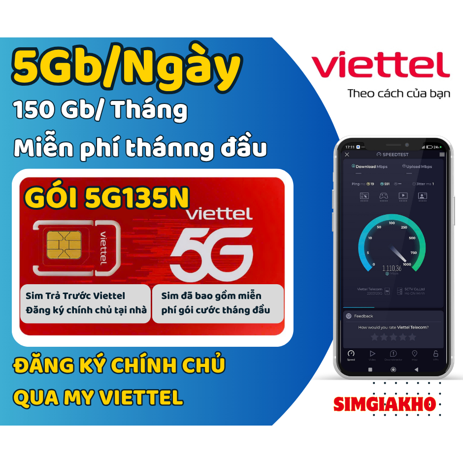 Sim Viettel 5G135N có 5GB/Ngày, 150GB/Tháng + Miễn phí TV360