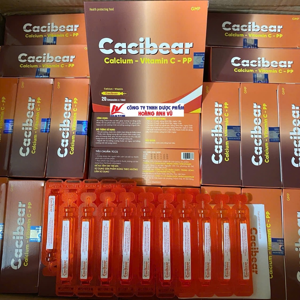 (ỐNG NHỰA) CACIBEAR - CALCIUM,VITAMIN C, PP - BỔ SUNG CANXI CHO CƠ THỂ - HỘP 20 ỐNG NHỰA