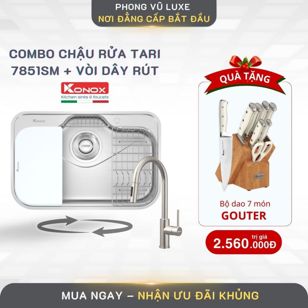 [ TẶNG BỘ DAO 7 MÓN GOUTER] Chậu rửa bát Konox Tari 7851SM - Inox 304 Cao Cấp, Chống Oxy Hóa