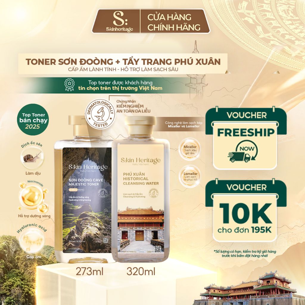 [BỘ ĐÔI GIẢM 40%] Sản Phẩm Hỗ Trợ Làm Sạch, Cấp Ẩm SKIN HERITAGE Toner Sơn Đoòng 273ml & Nước tẩy trang Phú Xuân 320ml