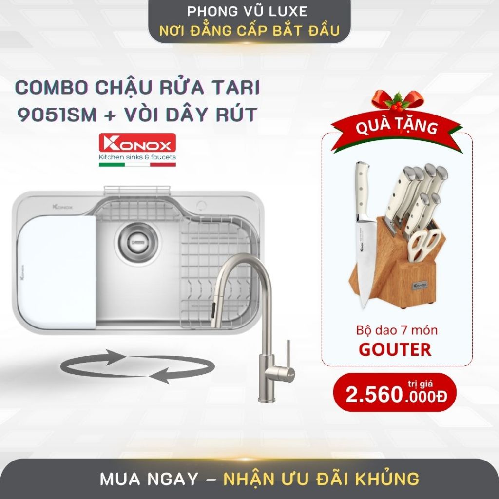 [TẶNG BỘ DAO 7 MÓN GOUTER] Chậu rửa bát Konox Tari 9051SM - Inox 304 Cao Cấp, Đầy Đủ Phụ Kiện