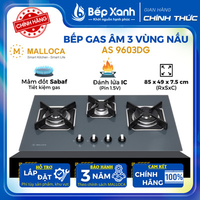 Bếp gas âm 3 gas Malloca AS 9603DG Mâm đốt Sabaf Ý, Ngắt gas tự động