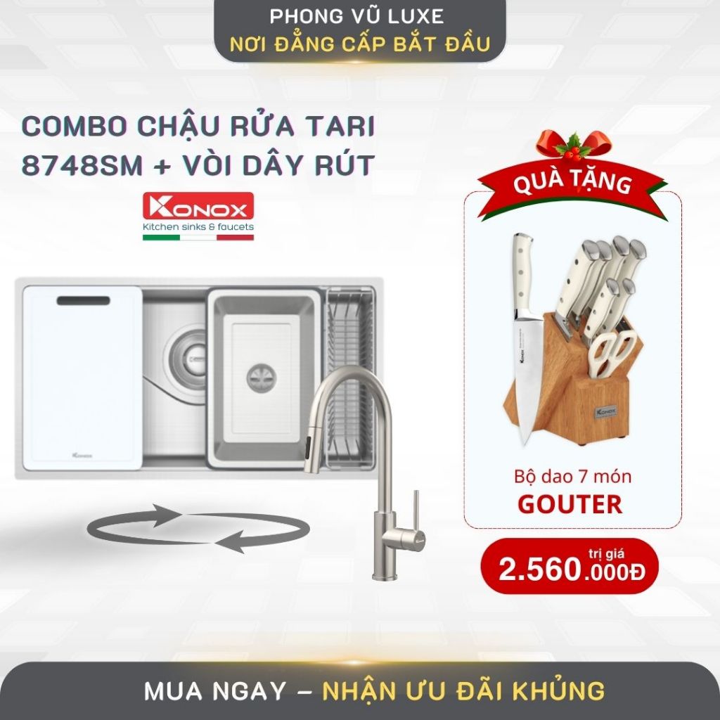 [TẶNG BỘ DAO 7 MÓN GOUTER] Chậu rửa bát Konox Tari 8748SM - Chống Gỉ Sét, Độ Bền Cao