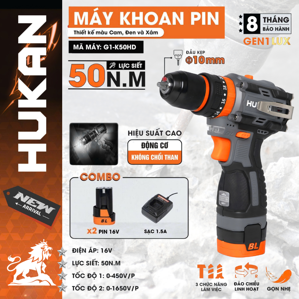 Bộ máy khoan pin bắn vít HUKAN G1-K50HD, Lực xoắn 50Nm - 2pin - Đầu 10mm có Khóa mũi - Khóa trục