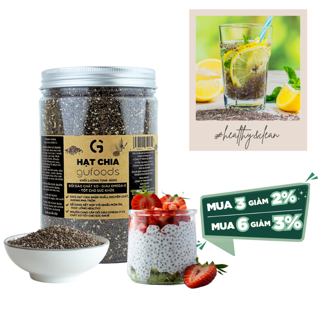 Hạt chia GUfoods - Giàu chất xơ, Omega-3, Tốt cho hệ tiêu hoá, Healthy, Eat clean (100g/600g)