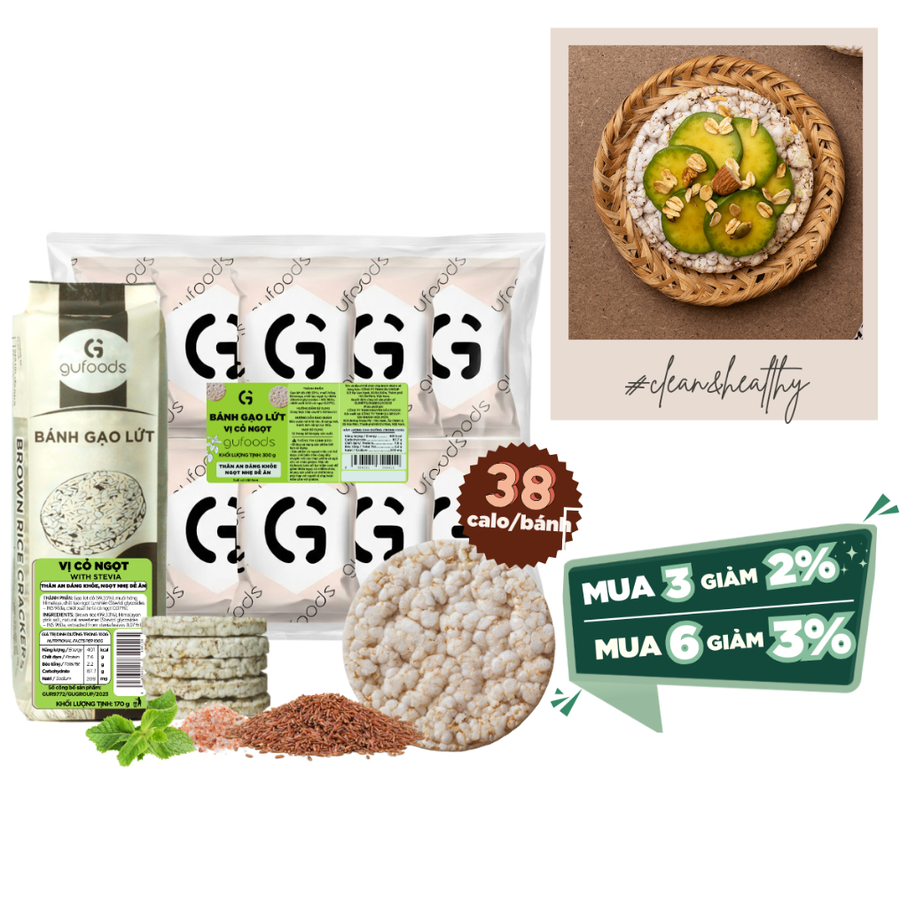 Bánh ăn kiêng gạo lứt GUfoods - Không chiên dầu, Không đường, Thực dưỡng, Tập gym (170g/300g/40g)