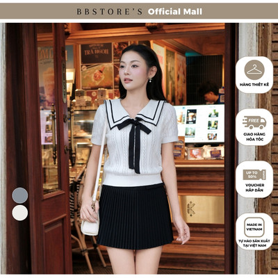 MissChic By BBSTORE'S Áo Kiểu Dệt Kim Hoạ Tiết Thoi Dạo Phố Cổ Thuỷ Thủ Phối Nơ Tay Ngắn - A4583V