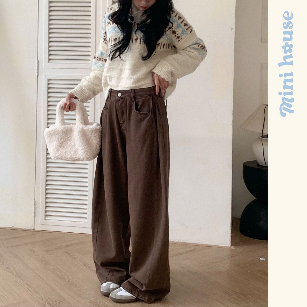 𝐌𝐈𝐍𝐈 𝐇𝐎𝐔𝐒𝐄 - Quần jeans nữ ống rộng phối line nhúm phần hông tôn dáng che khuyết điểm MINI003 | BigBuy360 - bigbuy360.vn