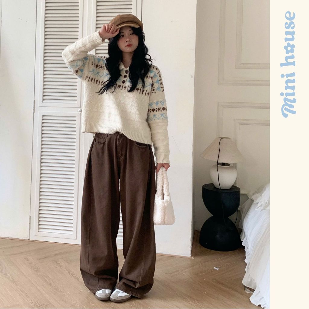 𝐌𝐈𝐍𝐈 𝐇𝐎𝐔𝐒𝐄 - Quần jeans nữ ống rộng phối line nhúm phần hông tôn dáng che khuyết điểm MINI003 | BigBuy360 - bigbuy360.vn