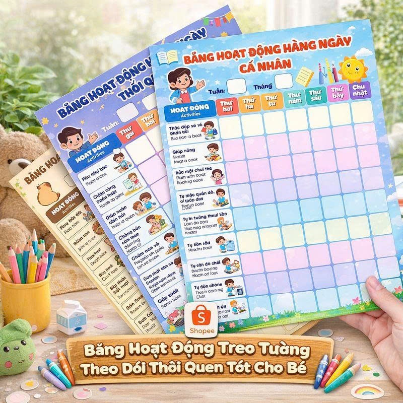 Bảng hoạt động bảng khen thưởng rèn luyện kỷ luật thói quen tốt hàng ngày cho bé khổ A3-A4