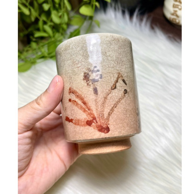 HANA HOUSE-Ly Gốm Nhật Men Rạn Hồng Đào Vẽ Tay | Cốc Trà Cà Phê Dáng Trụ | Gốm Thủ Công Cao cấp
