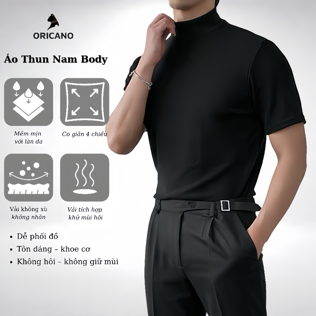 Áo Thun Thể Thao Nam ORICANO Tôn Body Cổ Cao 3 Phân Vải Thun Lạnh Co Giãn X4 Mềm Mịn Khủ Mùi Tốt AT01