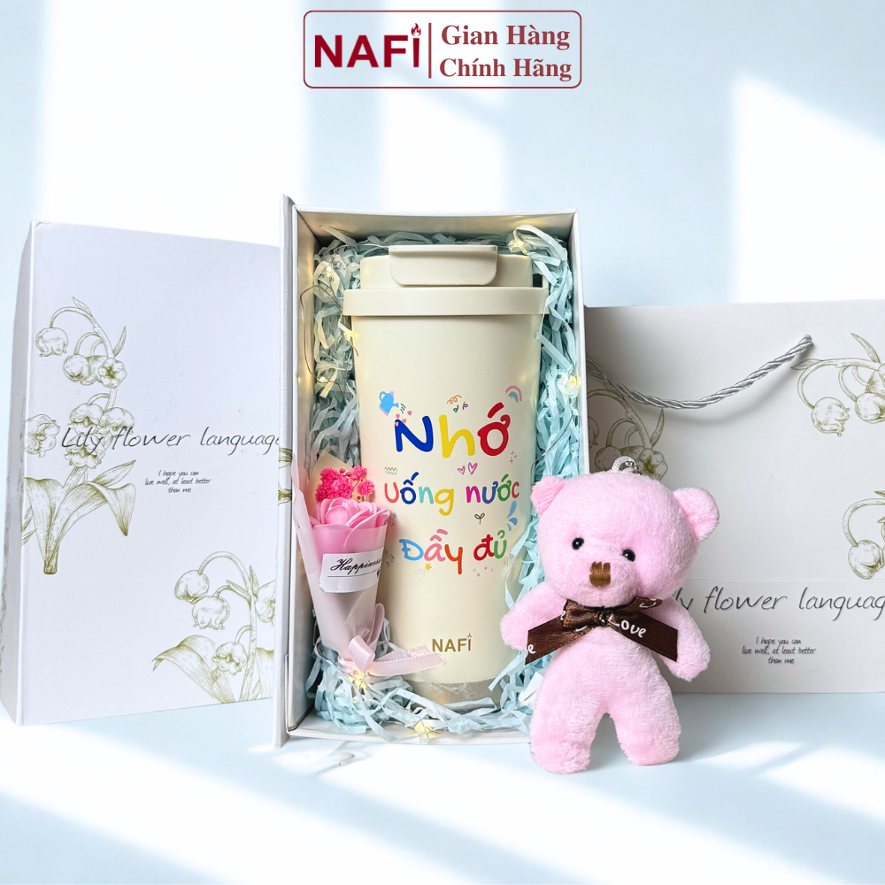 Ly giữ nhiệt NAFI tráng sứ cao cấp, ly giữ nhiệt inox 316 dung tích 520ml tặng kèm ống hút và bộ vệ sinh, in đất nước
