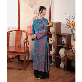 Set áo dài cách tân tuổi trung niên dáng suông che khuyết điểm họa tiết sang trọng chất liệu mềm mát