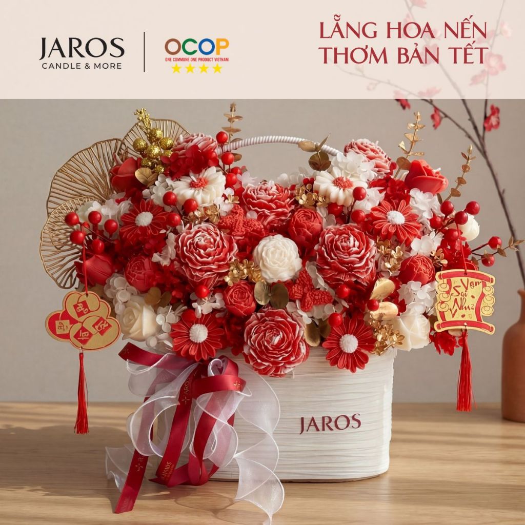 Lẵng Hoa Nến Thơm Bản Tết JAROS Candle Tỏa Hương, Quà Tặng Biếu Sang Trọng