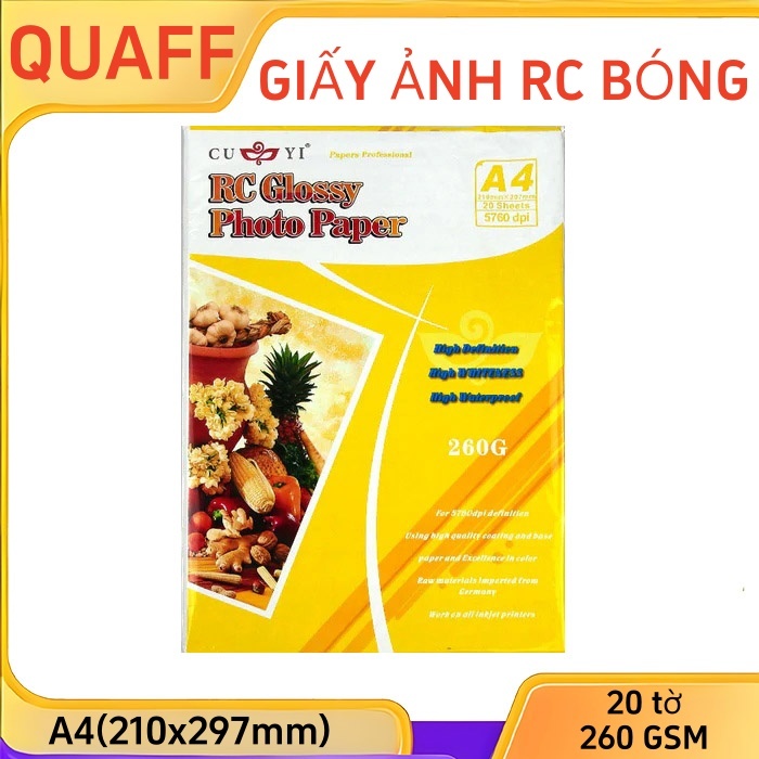 (Giấy ảnh cao cấp) Giấy ảnh RC bóng CUYI – Giấy in phun phủ resin khổ A4 260gsm (20 tờ/gói)