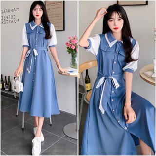 Đầm xanh tay ngắn phối trắng cổ tiểu thư nhẹ nhàng du lịch dạo phố chụp ảnh