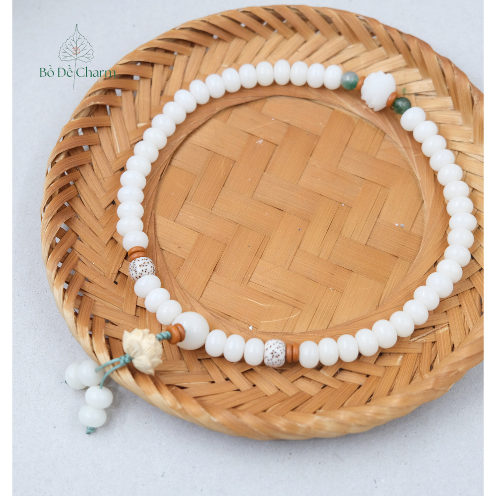 Chuỗi 108 hạt Bồ Đề trắng 6x9mm mix hạt Bồ Đề tinh nguyệt| Bồ Đề Charm| Chuỗi hạt Bạch ngọc Bồ đề tr