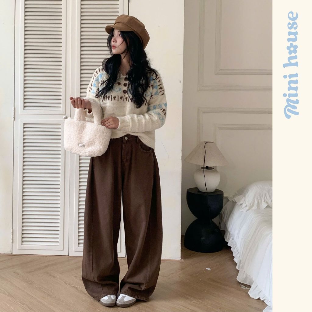 𝐌𝐈𝐍𝐈 𝐇𝐎𝐔𝐒𝐄 - Quần jeans nữ ống rộng phối line nhúm phần hông tôn dáng che khuyết điểm MINI003 | BigBuy360 - bigbuy360.vn