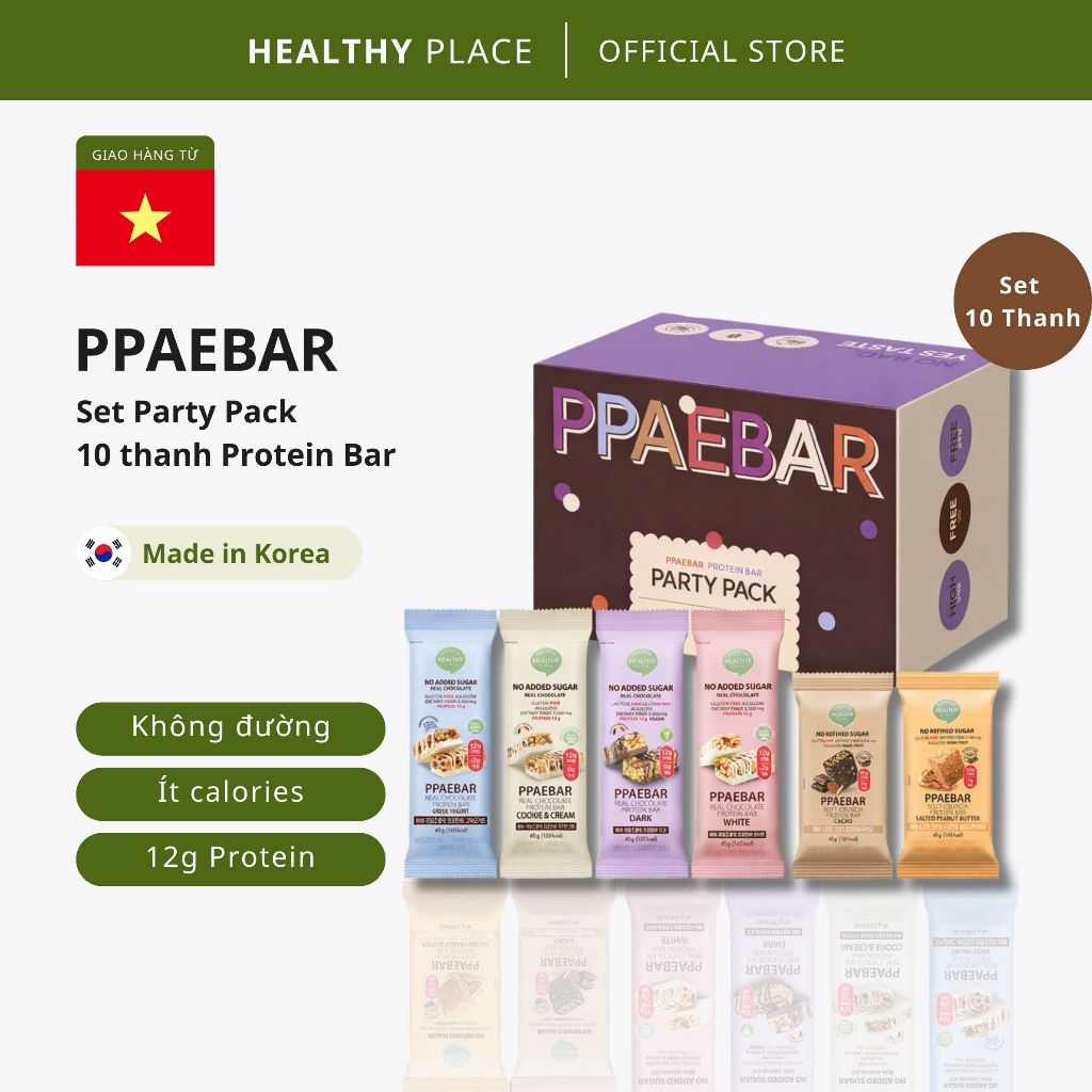 SET Party Pack 10 Thanh Protein mix đủ vị PPAEBAR Real Chocolate Protein Bar Không đường