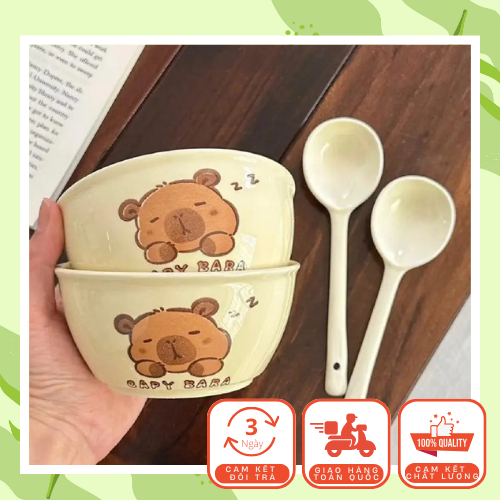 [Tặng Kèm 2 Thìa] Set 2 Bát Sứ Tặng Kèm 2 Thìa Nhiều Hình Cute, Set Bát Sứ Dễ Thương Kèm Thìa Cho Bé