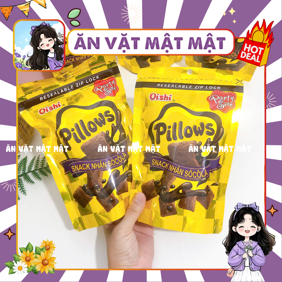 Snack Pillows Oishi Nhân Socola (GÓI LỚN 80G), Bánh Nhân Kem Oishi, đồ ăn vặt
