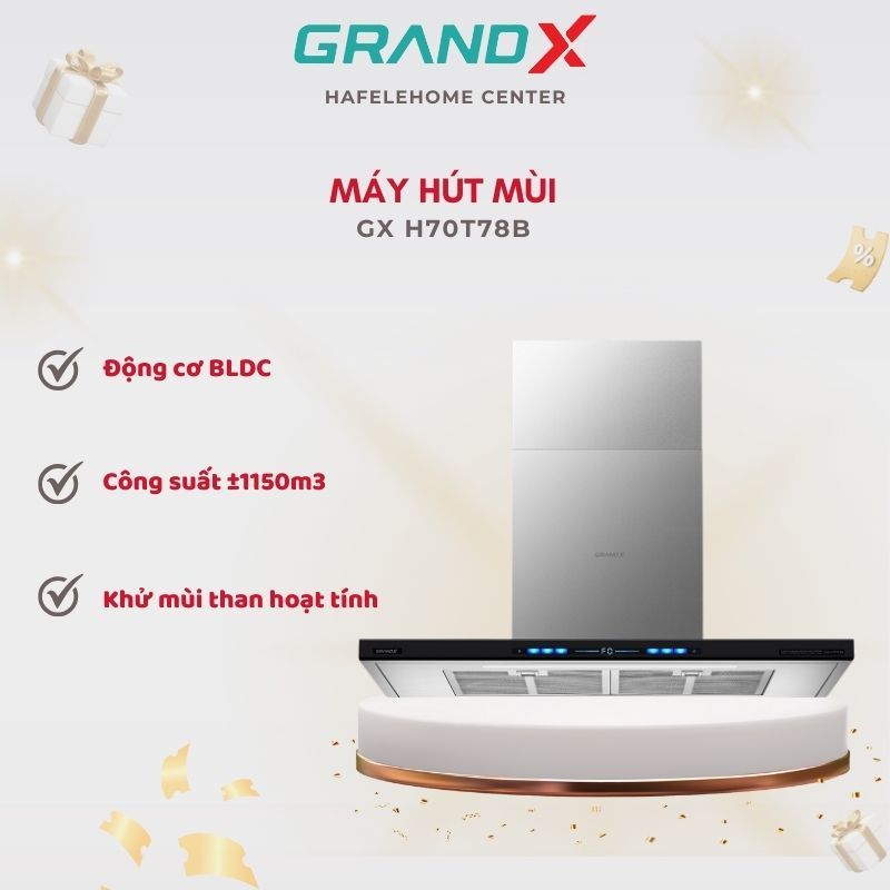 Máy hút mùi áp tường chữ T GrandX GX H70T78B/GX H70T78SB - Kính Cường Lực, Hút Mạnh, Êm Ái