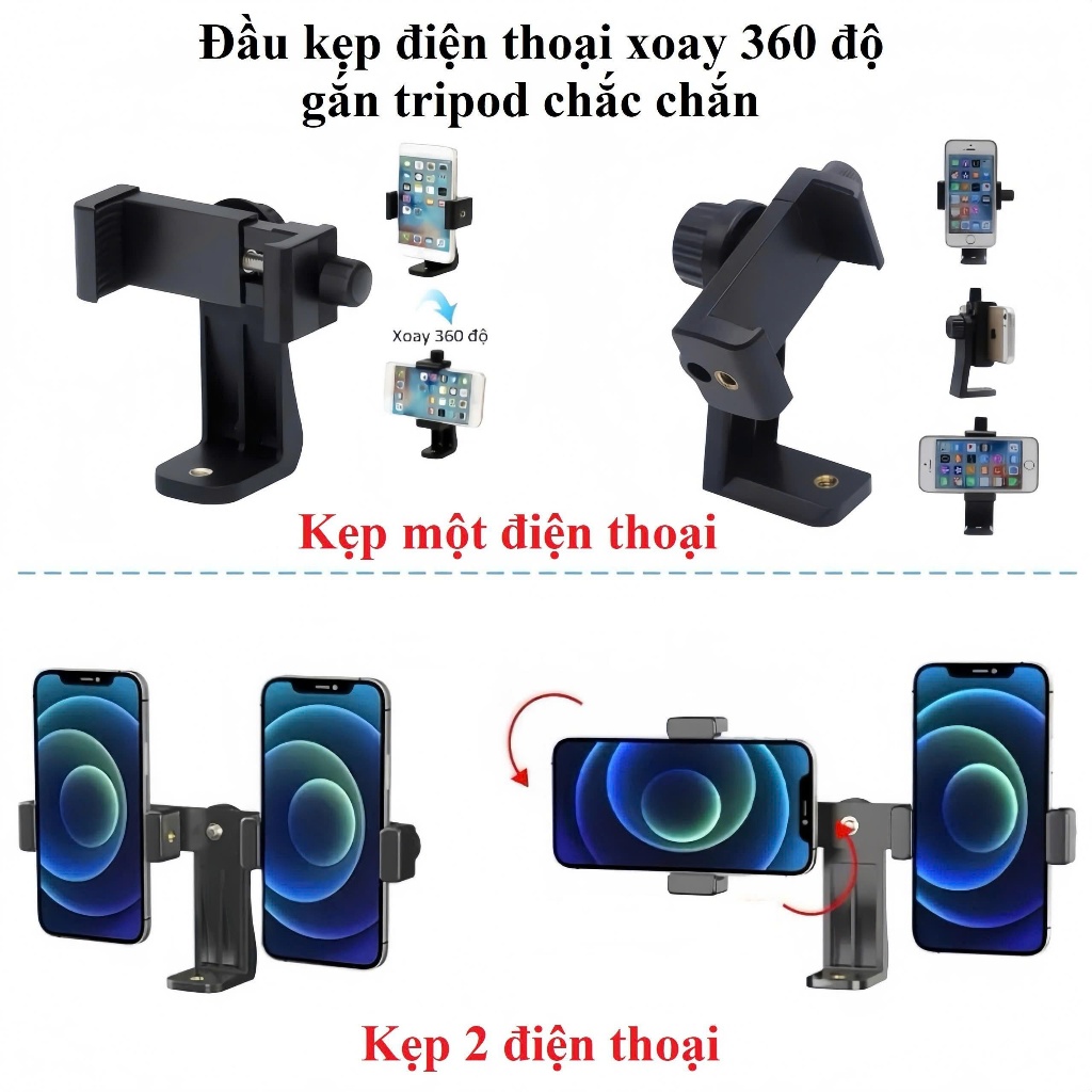 Đầu Kẹp cho Một điện Thoại và Hai diện thoại  Xoay 360 độ gắn Tripod chắc chắn Citycase