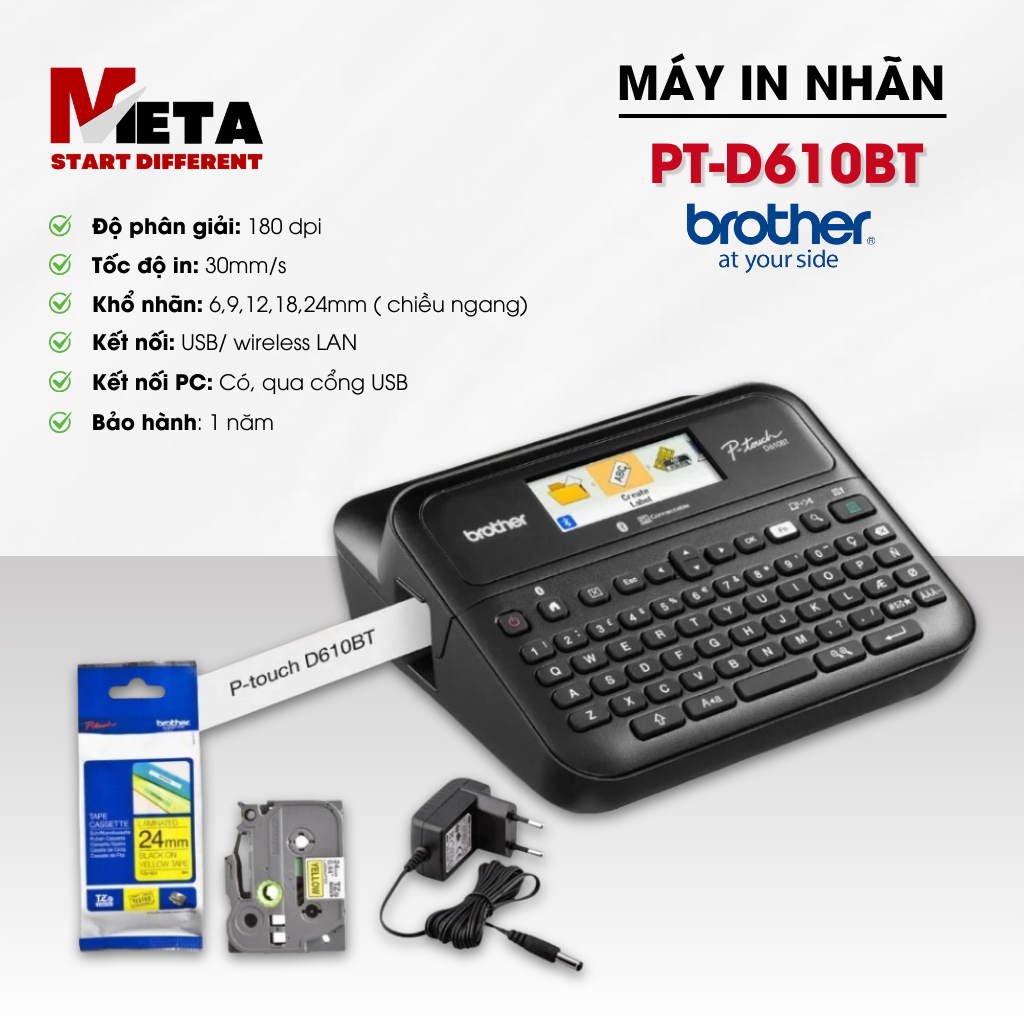 Máy In Nhãn Brother PT-D610BT, Kết Nối Bluetooth®,USB - Hàng chính hãng