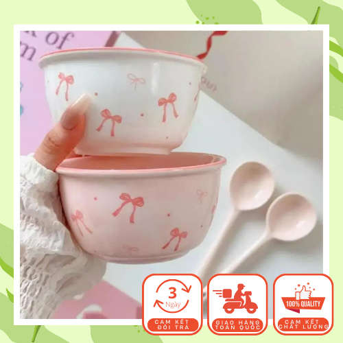 [Tặng Kèm 2 Thìa] Set 2 Bát Sứ Nơ Hồng Cute Tặng Kèm 2 Thìa Nhiều Hình Cute, Set Bát Sứ Dễ Thương Kè