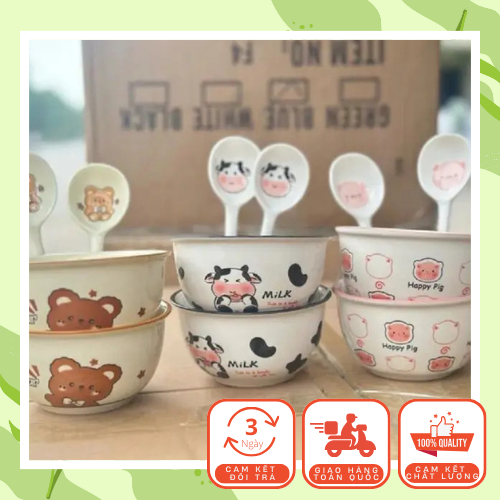 [Tặng Kèm 2 Thìa] Set 2 Bát Sứ Tặng Kèm 2 Thìa Nhiều Hình Cute, Set Bát Sứ Dễ Thương Kèm Thìa Cho Bé