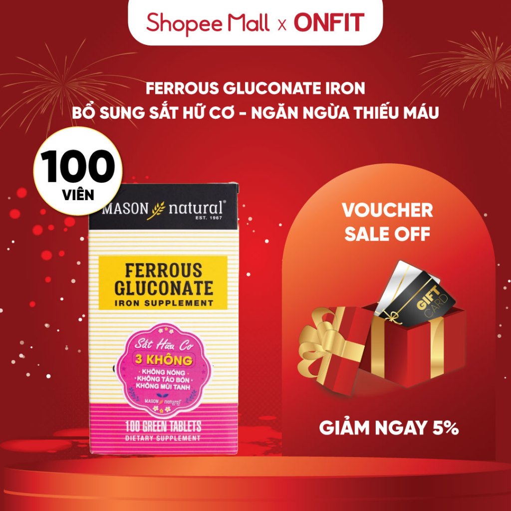 Viên Uống Bổ Sung Sắt Hữu Cơ Mason Natural Ferrous Gluconate (50 & 100 Viên) Giảm Nguy Cơ Thiếu Máu 