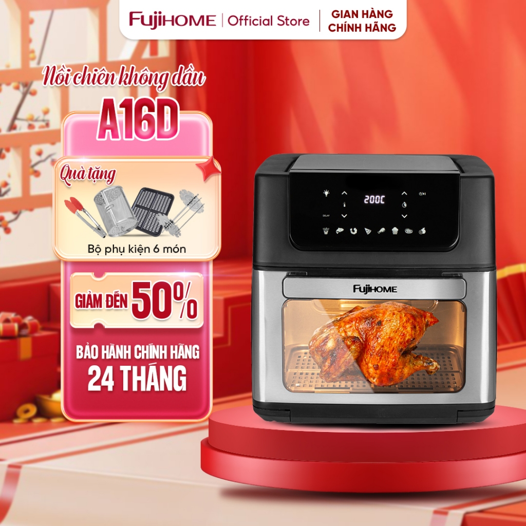 Nồi chiên không dầu 16L FUJIHOME Công suất 2100W, Lò Nướng Mini cảm ứng 3D menu 8 chế độ nấu sẵn quay gà nguyên con