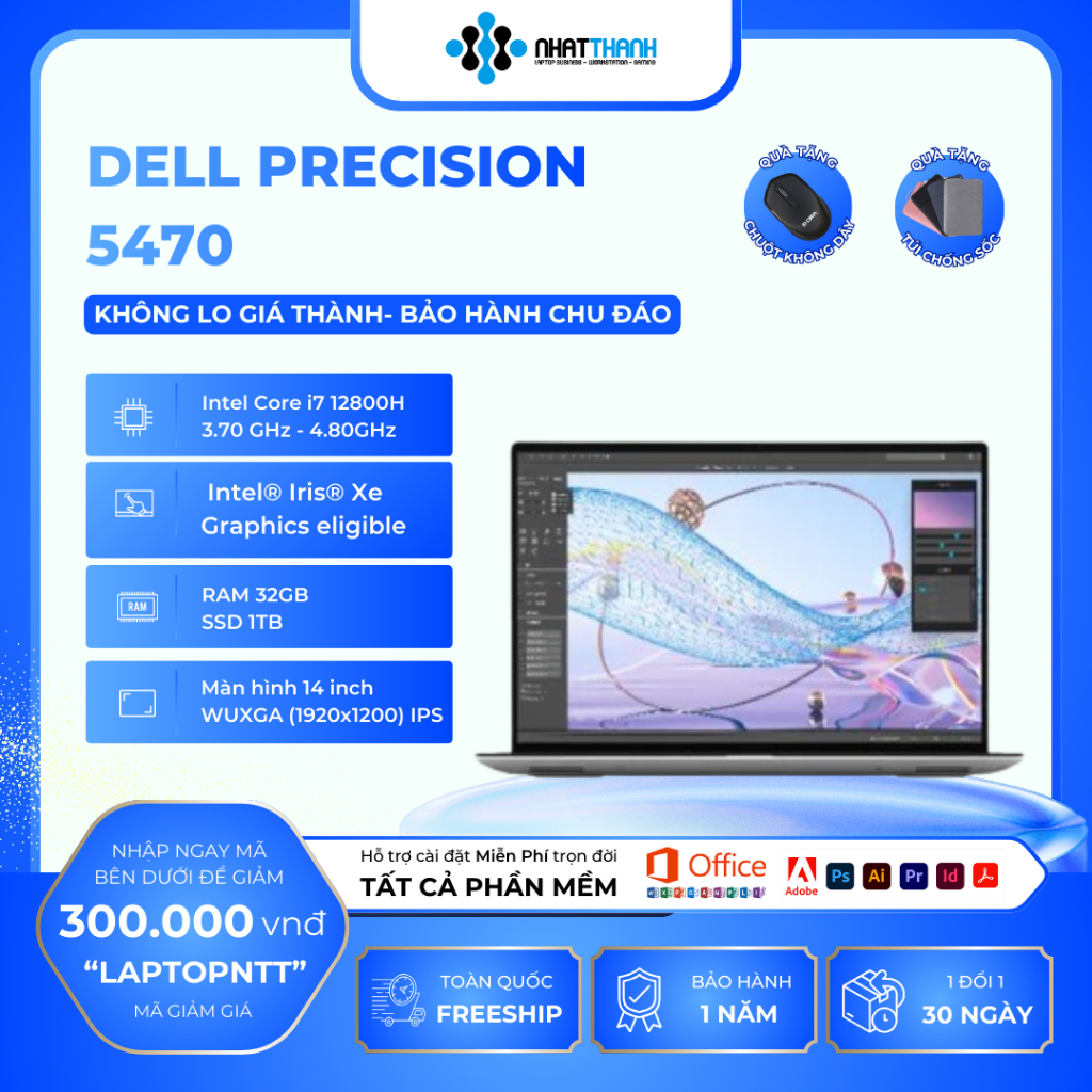Máy Trạm Cao Cấp Dell Precision 5470 | Core i7-12800H | RAM 32GB | SSD 1TB NVMe | RTX A1000 4GB | 14