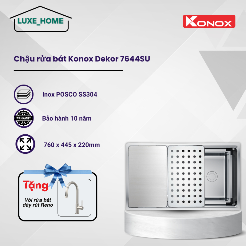 Chậu Rửa Konox Undermount Sink KN7644SU Dekor -Bát Rác Kháng Khuẩn - Sơn Phủ Chống Thấm - LUX