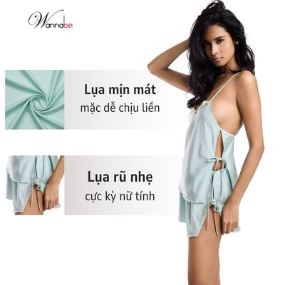 Bộ Đồ Ngủ Nữ Lụa thắt 4 nơ xinh xắn phối ren hoa cổ áo WANNABE bộ đồ êm ái từng đường chạm BSL03