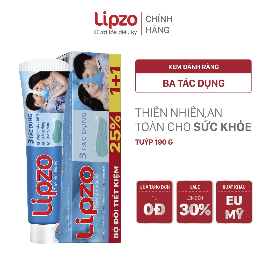 Bộ Đôi Siêu Tiết Kiệm Kem Đánh Răng Lipzo 3 Tác Dụng 190Gr Tái Tạo Men Răng Trắng Răng Ngừa Sâu Răng