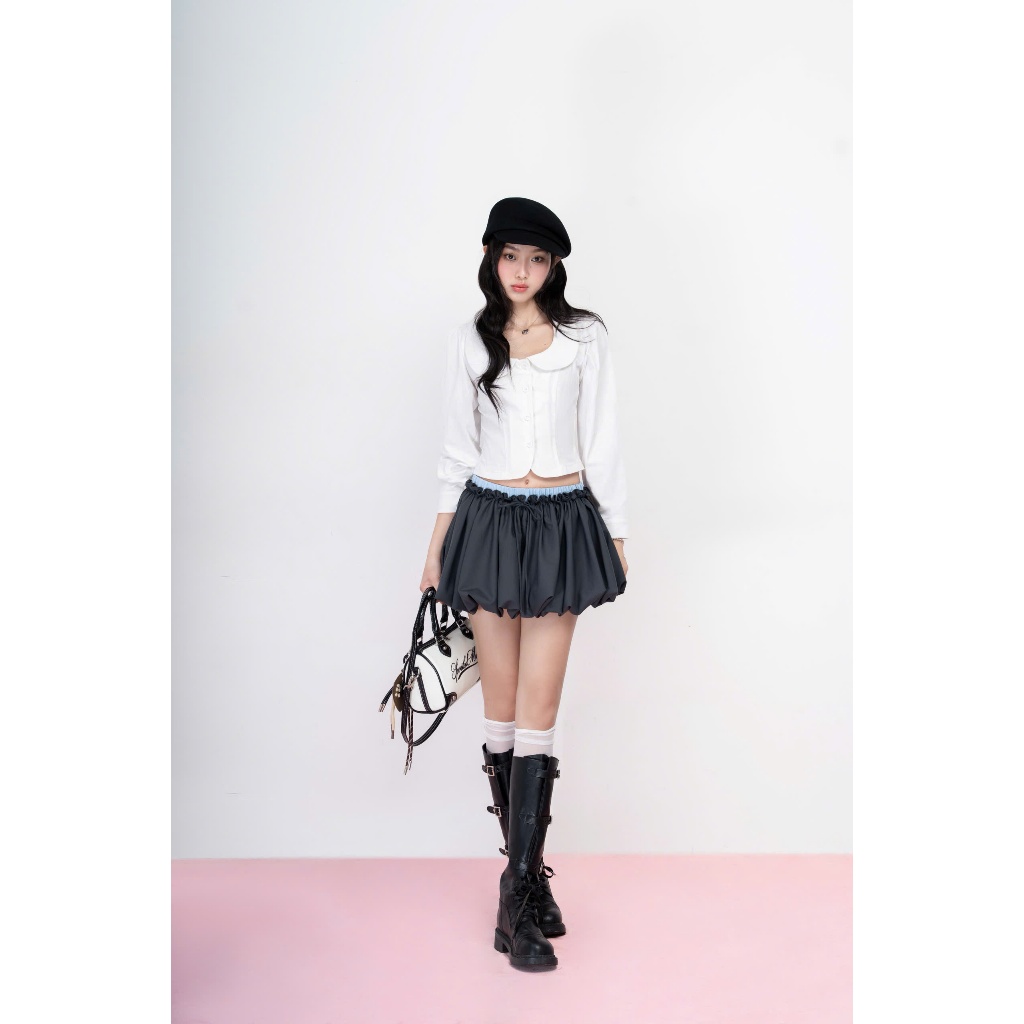 Chân váy bí phồng màu xám phối lưng thun xanh Fiona Skirt - HOO DESIGN