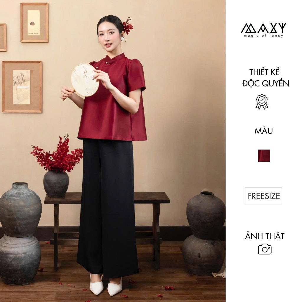 [ MẪU MỚI ] Áo cổ tàu nữ tay phồng Spring Top Red Maxy Workshop