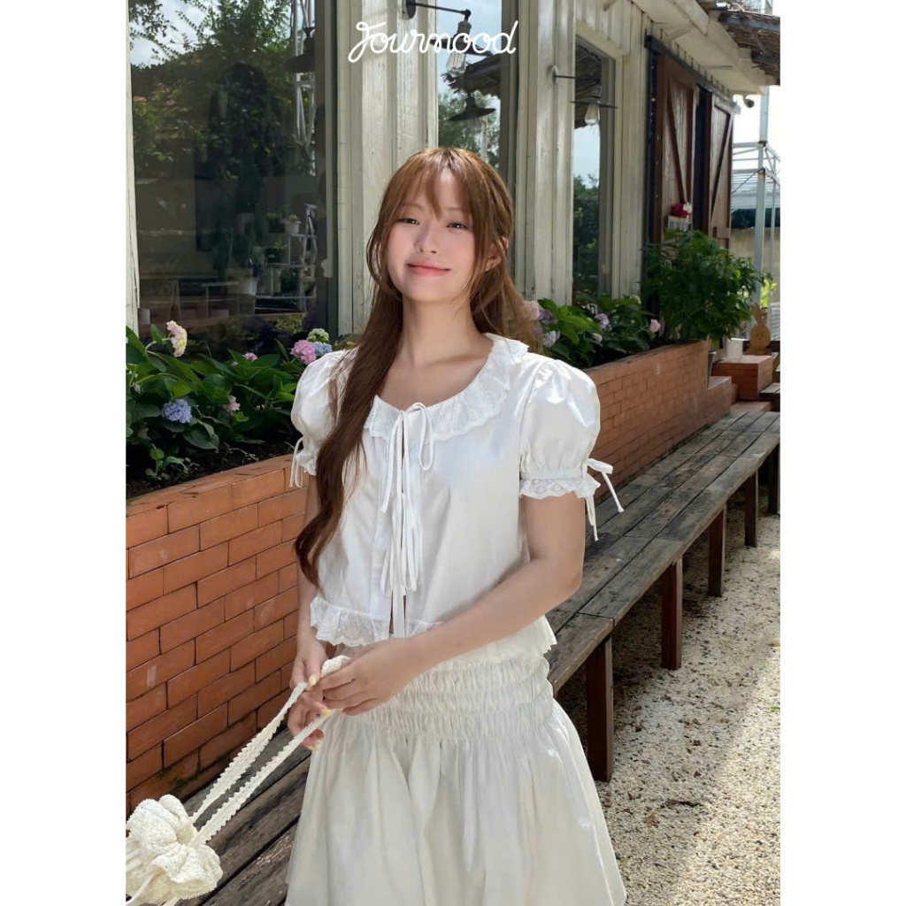 TDT4 - Áo Kiểu Nữ Tay Ngắn Cột Dây Phối Ren Vải Kaki Màu Trắng Vàng Freesize HAMI TOP