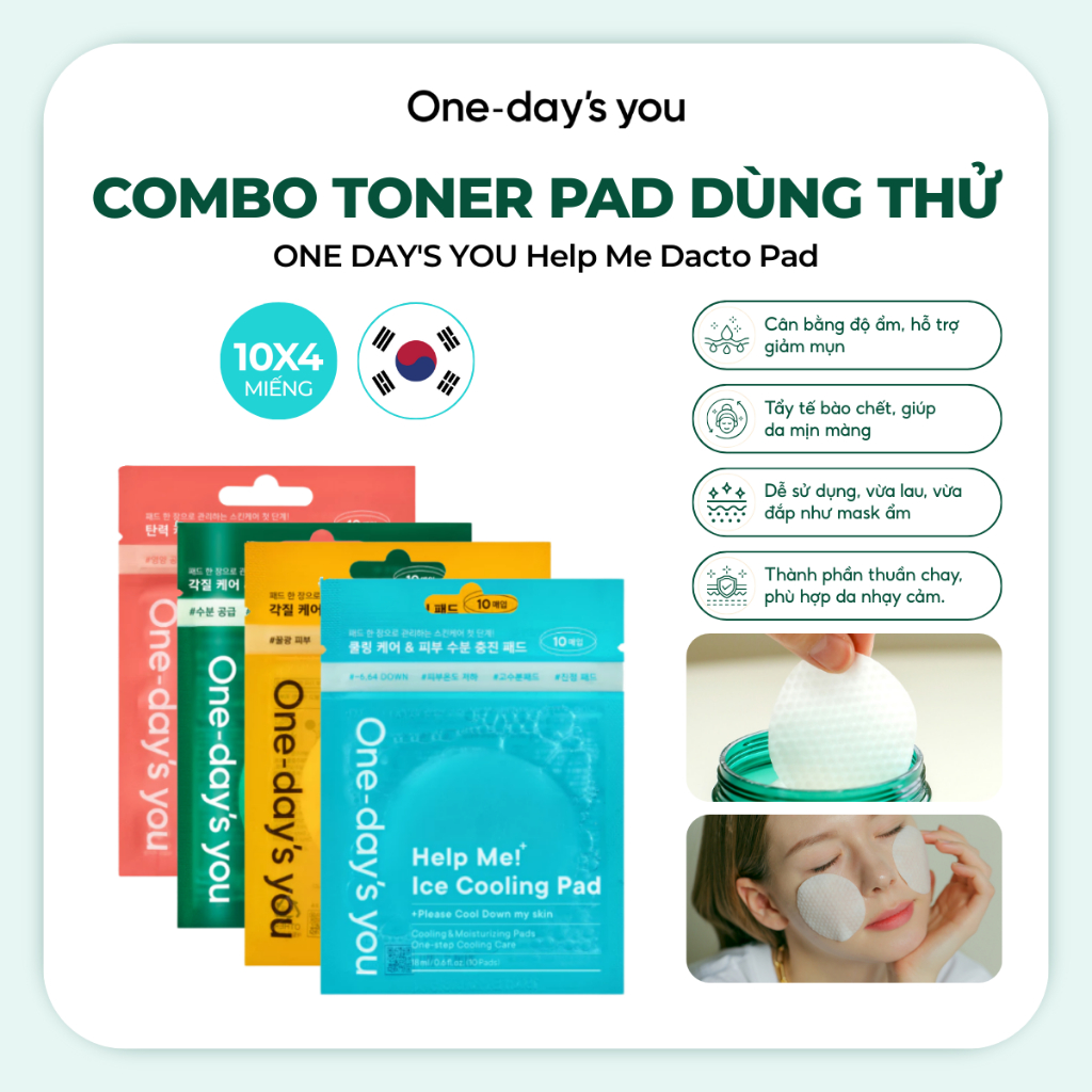 Combo 4 Toner Pad ONE DAY'S YOU Dùng thử - 10 Miếng - Dacto pad & Honey-C pad & Collagen pad & Cooli