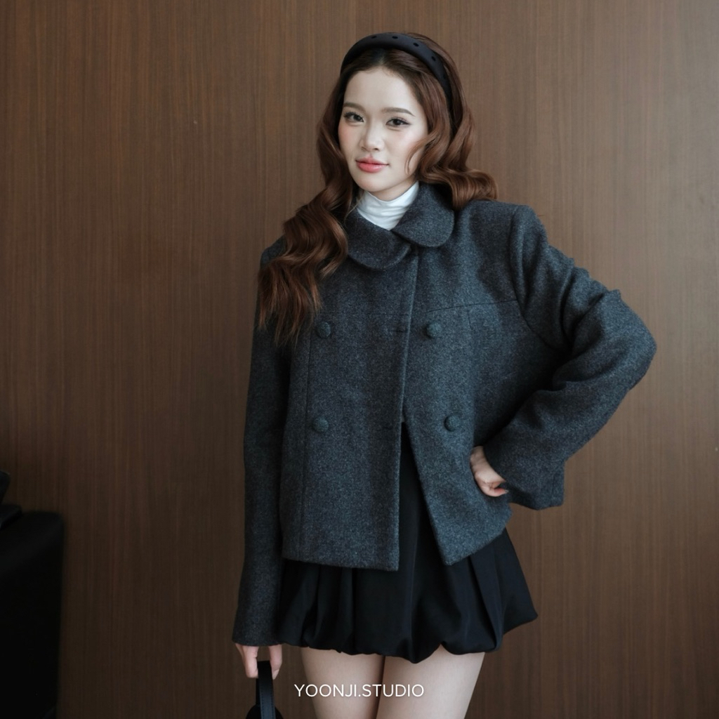 YOONJI - Áo khoác dạ xám cổ lệch khuy bọc