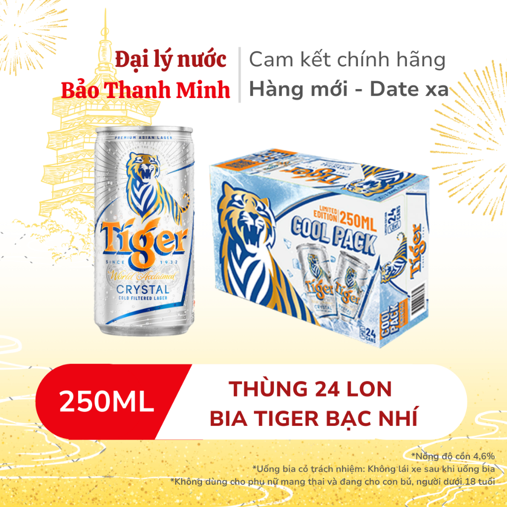 [HOẢ TỐC] Bia TIGER Crystal Bạc nhí 250ml - Nồng độ cồn 4,6% (Thùng 24 lon) (Date xa)