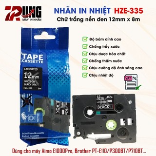 Nhãn In HZe-335 (Chữ Trắng Nền Đen, khổ 12mm X 8M) - Tương Thích Nhãn Brother TZe-335