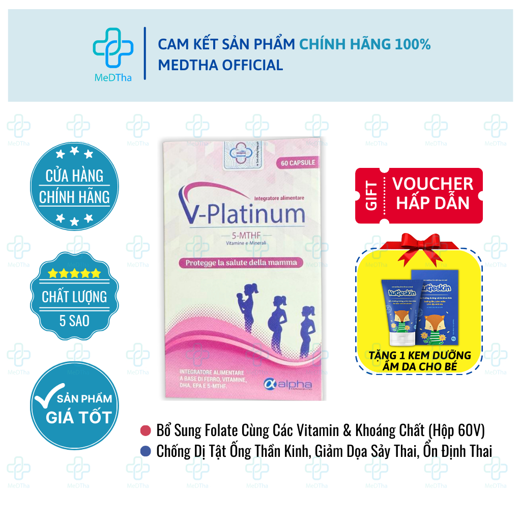 V-Platinum 5-MTHF - Bổ Sung Acid Folic / Folate, Sắt, Vitamin Tổng Hợp, Hỗ Trợ Sinh Sản (Hộp 60 Viên