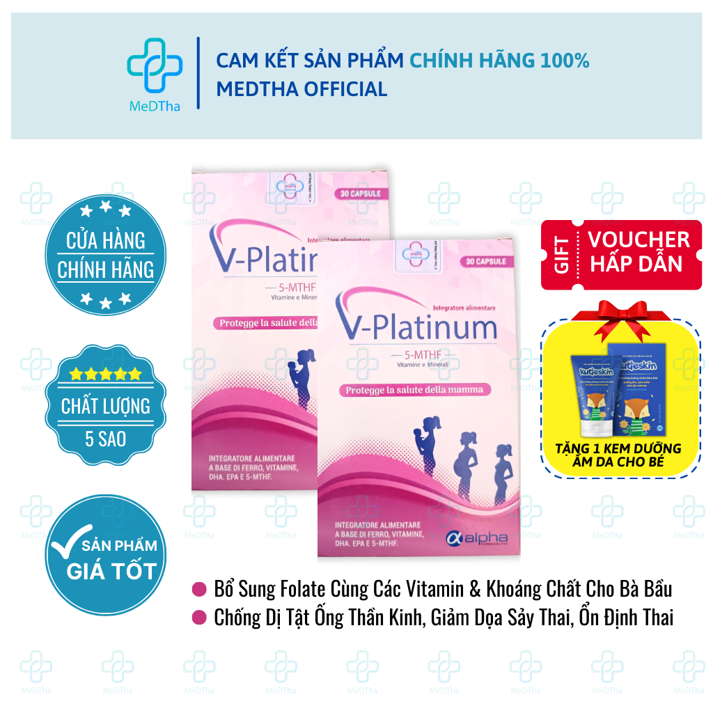 Bộ Đôi V-Platinum 5-MTHF - Bổ Sung Acid Folic/ Folate, Sắt, Vitamin Tổng Hợp, Hỗ Trợ Sinh Sản (30V)