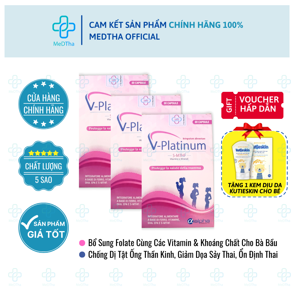 Combo 3 HỘP V-Platinum 5-MTHF - Bổ Sung Acid Folic / Folate, Sắt, Vitamin Tổng Hợp (Hộp 30 Viên)
